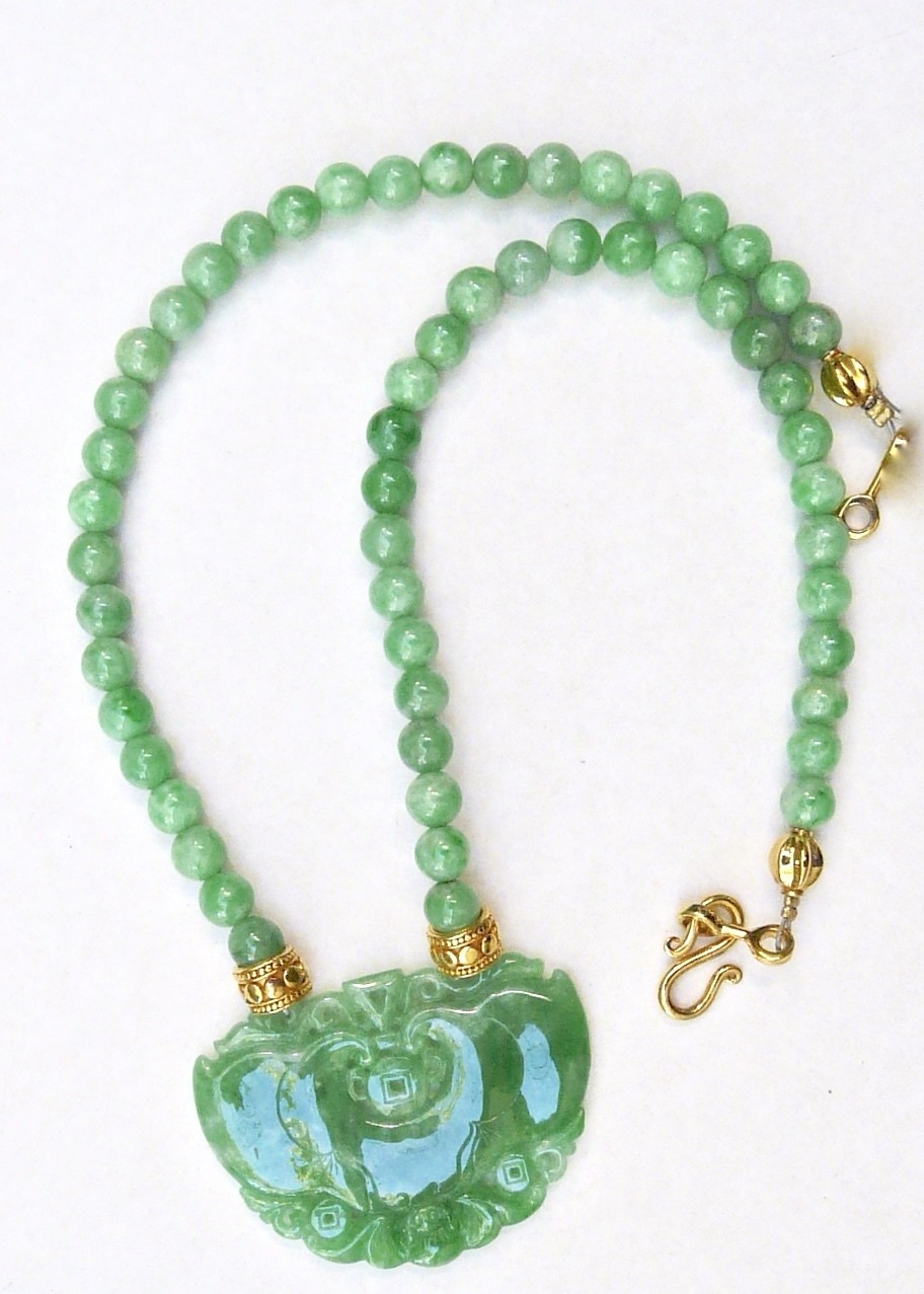 Carved Green Jade Bat Lock, Green Chinese Jade Necklace