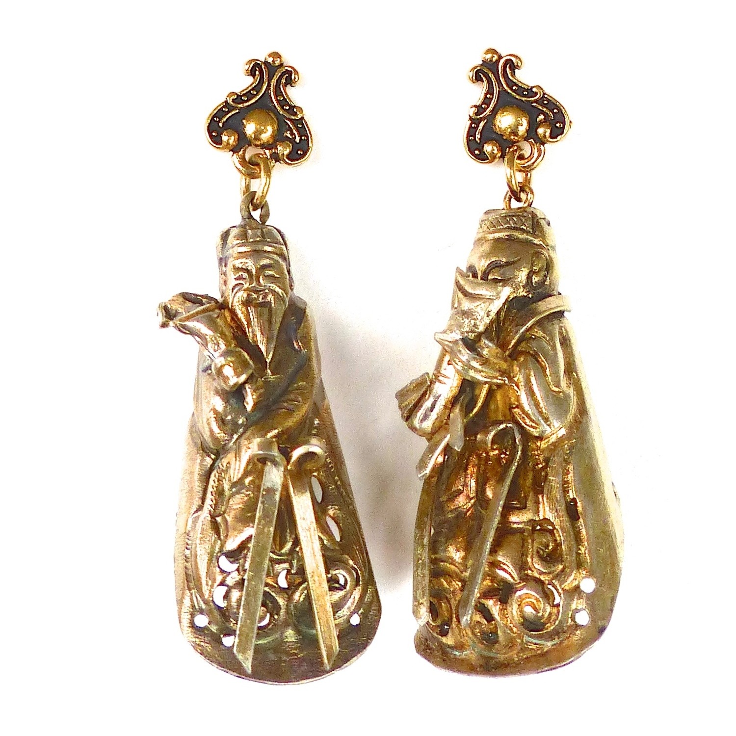 Antique Chinese Gold Vermeil Finger Puppet Drop Earrings