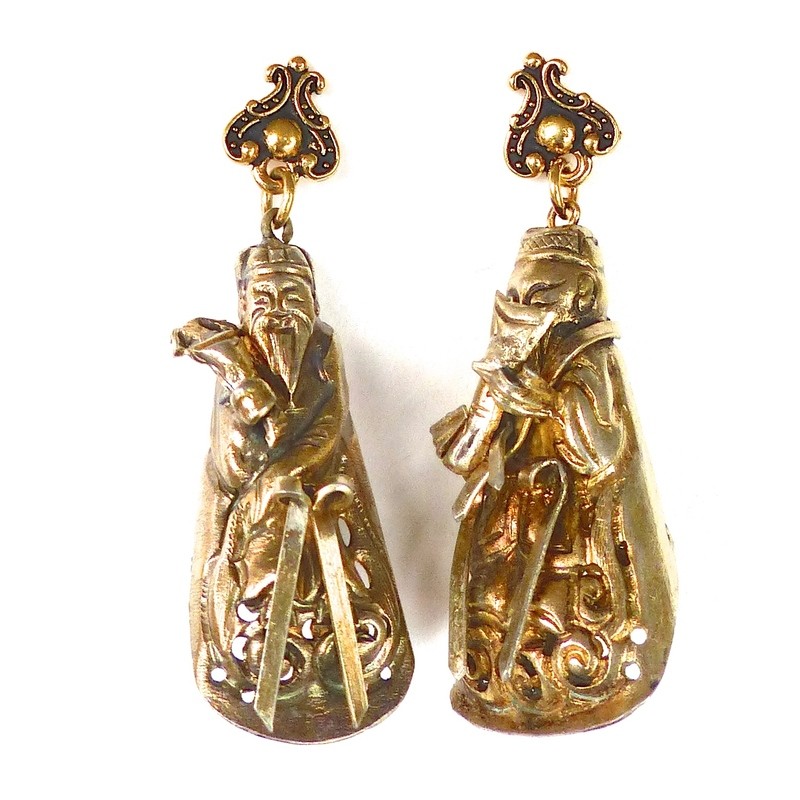 Antique Chinese Gold Vermeil Finger Puppet Drop Earrings