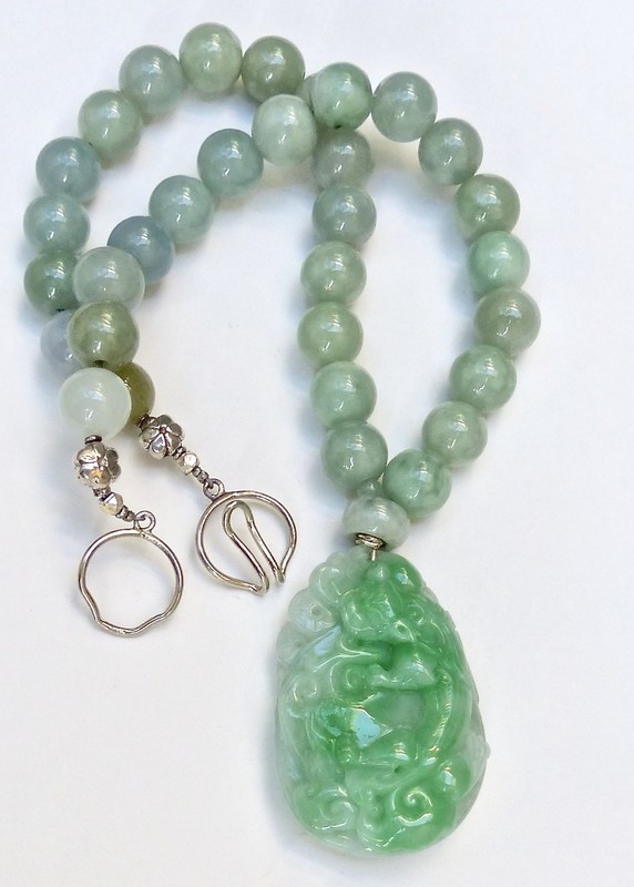 Carved Green Jade Dragon, Burmese Jade Necklace