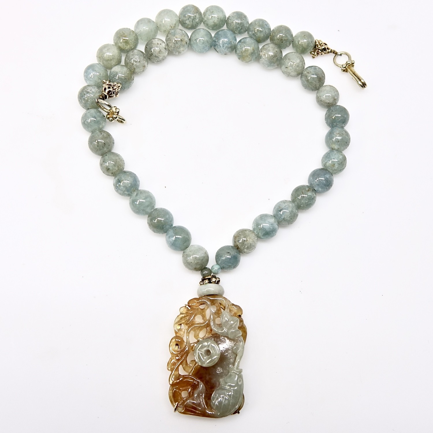 Carved Jade Fish, Lotus and Aquamarine Necklace