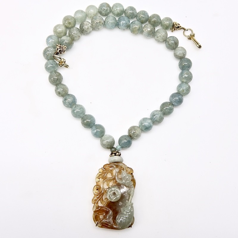 Carved Jade Fish, Lotus and Aquamarine Necklace