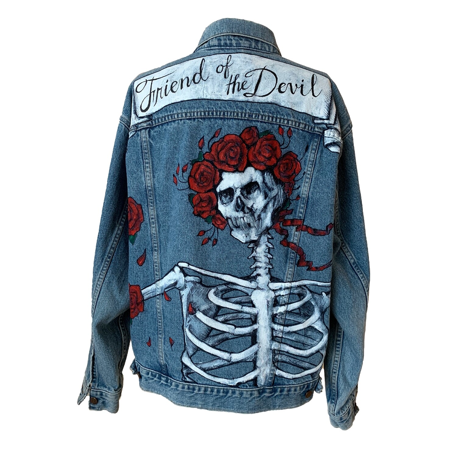 “Skeleton &amp; Roses” Hand Painted 1/1 Vintage Levi&#39;s Denim Jacket