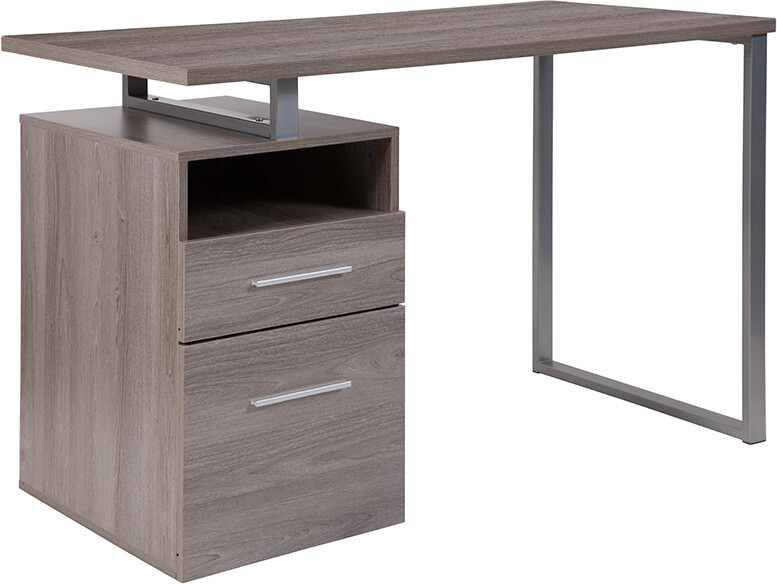 Light Ash Wood Grain Finish Computer Desk with Two Drawers and Silver Metal Frame