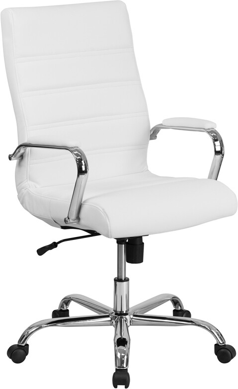 High Back White Leather Office Chair with Wheels and Arms