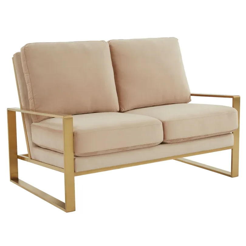 Lincoln Velvet/Leather Upholstered Loveseat with Gold/Black/Silver Steel Frame & Removable Cushions