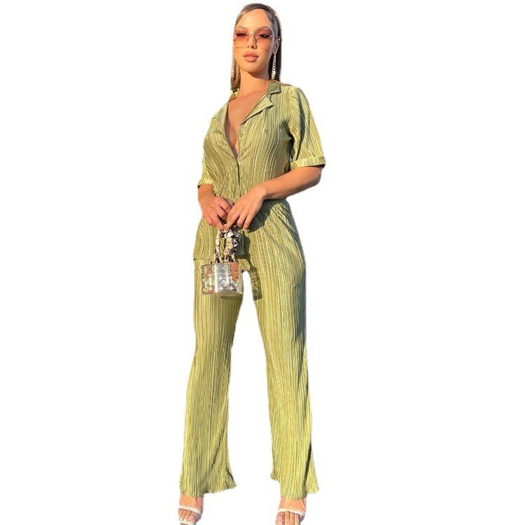 2 Piece Pants Sets Women Pleated outfit. Green As Picture