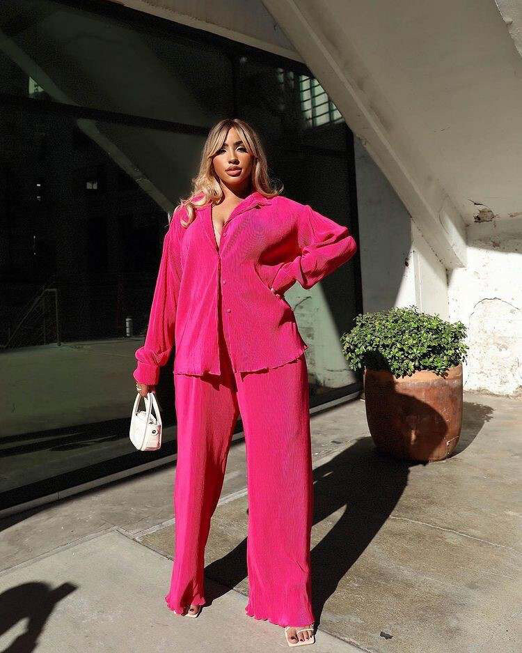 Pleated Women Shirts Trousers Two Piece Set Elegant Lady Female Outfit Hot Pink Fuchsia