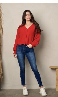 Women Long Sleeve Button Up Sweater
Red