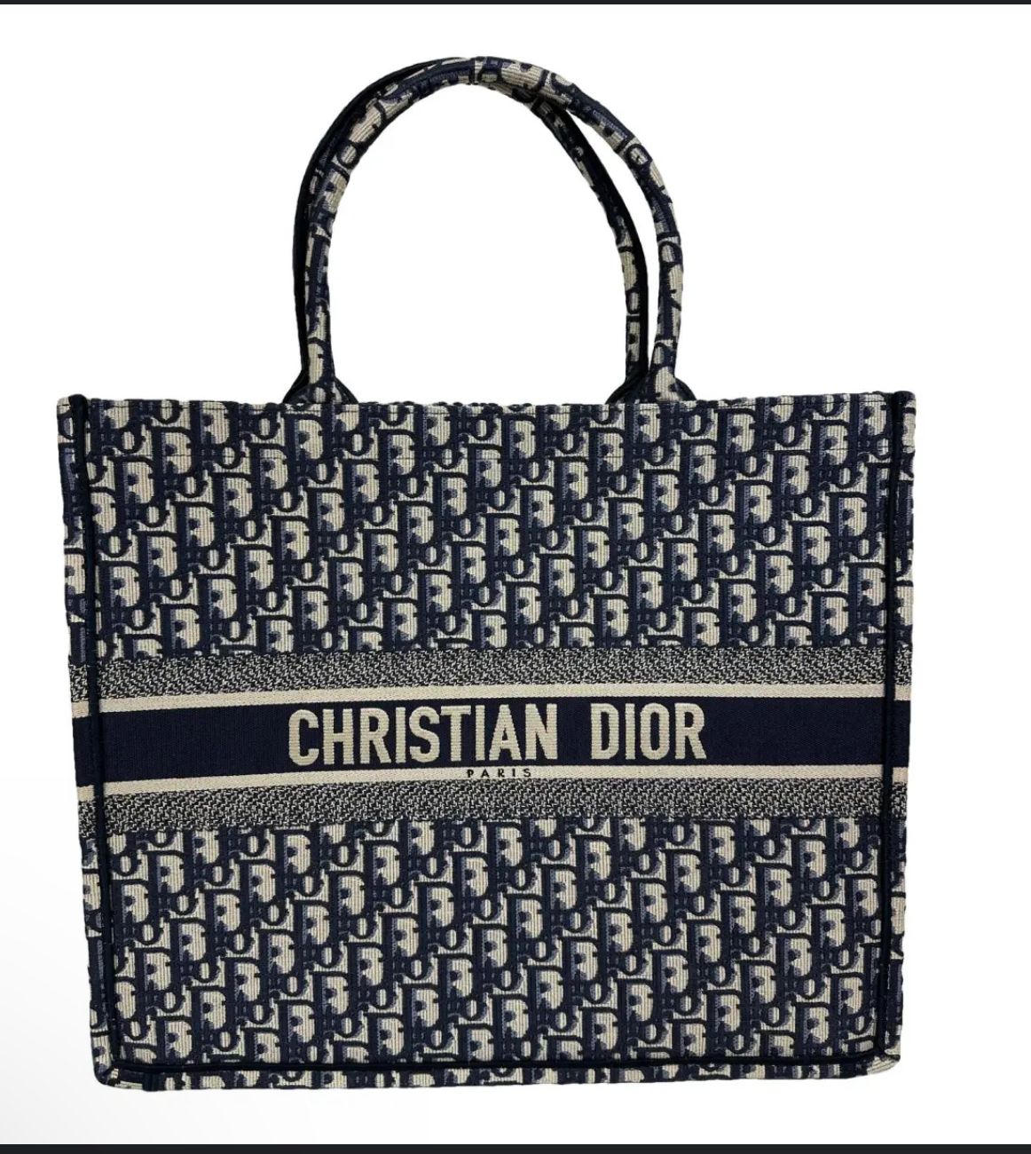 DIOR Ecru and Blue Dior Oblique Embroidery Large Book Tote  New Black and Grey