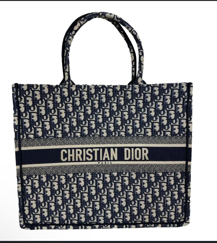 DIOR Ecru and Blue Dior Oblique Embroidery Large Book Tote  New Black and Grey