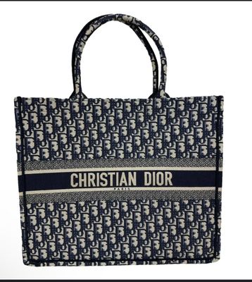 DIOR Ecru and Blue Dior Oblique Embroidery Large Book Tote  New Black and Grey