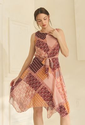 Antique Print Raw Hem Flare Chiffon Mini Dress