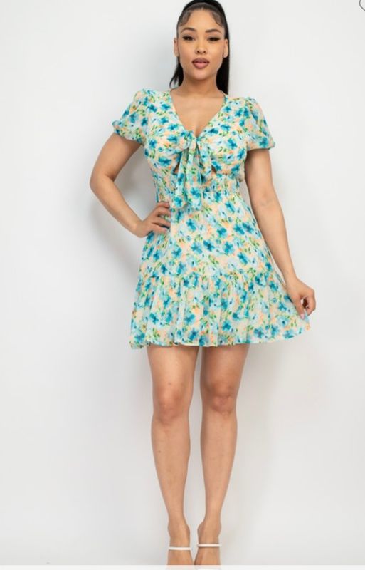Ruched Tropical Ruffle Trim dress