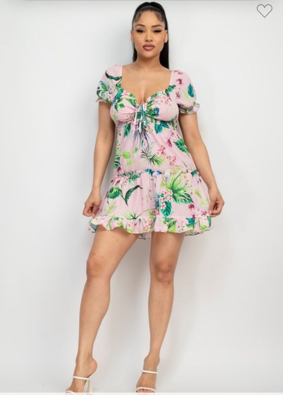 Ruched Tropical Ruffle Trim dress