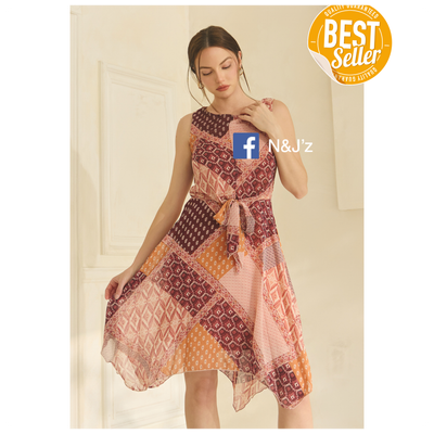 Antique Print Raw Hem Flare Chiffon Mini Dress