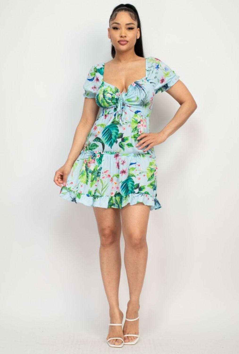 Ruched Tropical Ruffle Trim dress