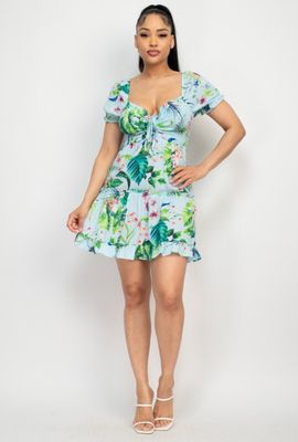 Ruched Tropical Ruffle Trim dress