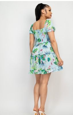 Ruched Tropical Ruffle Trim dress