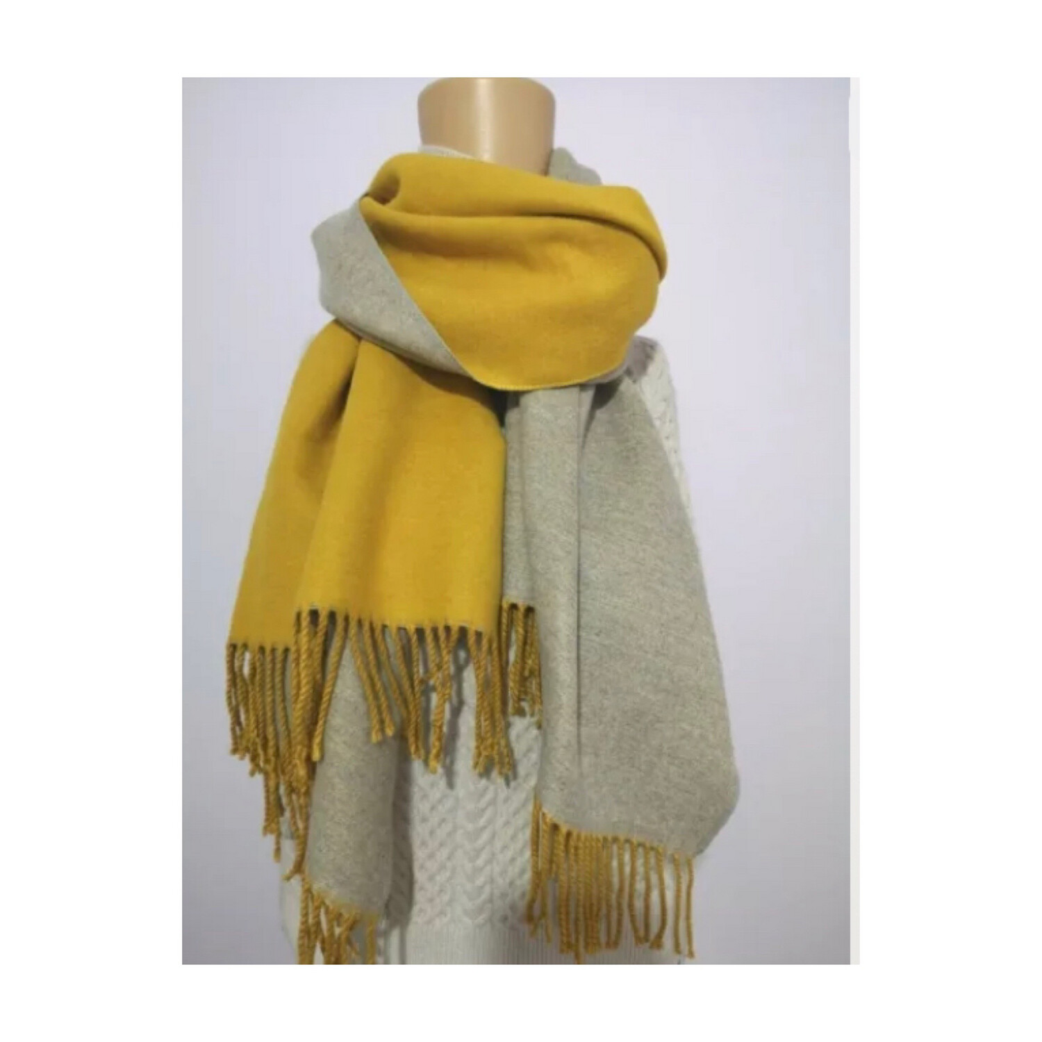 Cashmere Feel Large Reversible Scarf - Yellow / Grey 