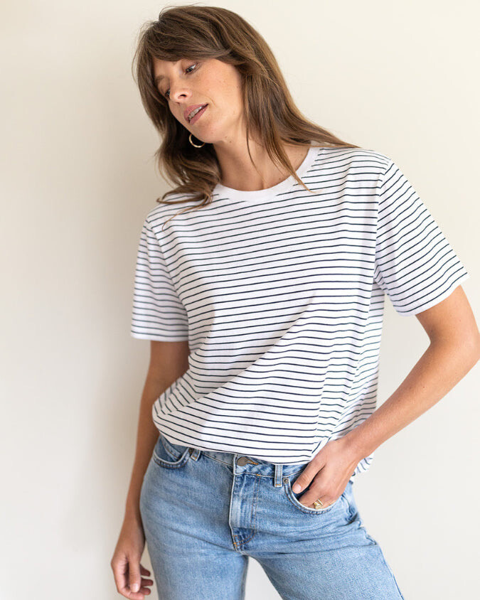 Ivy T - MAGGIE Organic Cotton Navy Fine Stripe T-Shirt