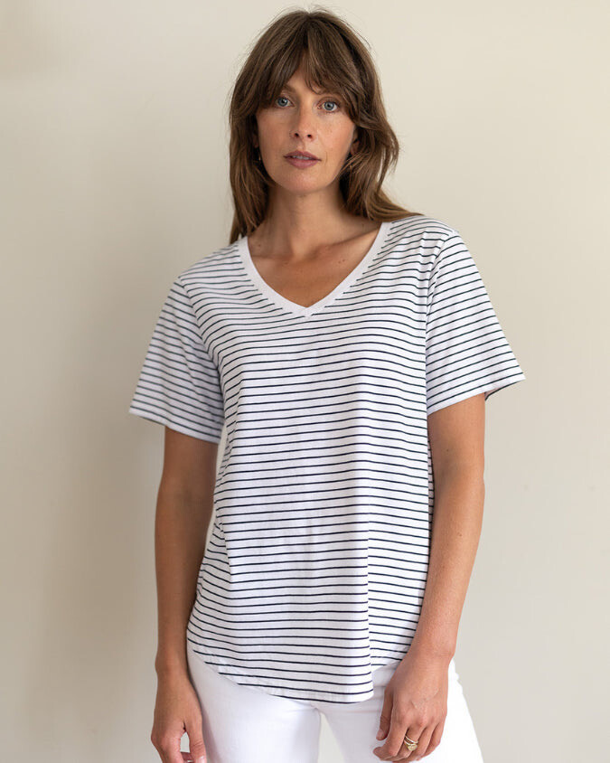 Ivy T - DOTTY V Neck Organic Cotton Fine Stripe T-Shirt