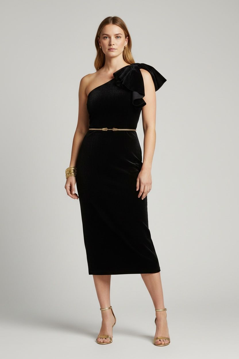 Vintage Velvet Frill Shoulder Midi Dress