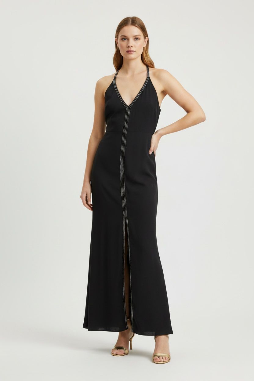 Pierce Fionda V Neck Crystal Trim Dress