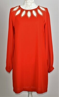 Burnt Orange Long Sleeved Shift Dress with Gold Leaf Cutout Detail Neckline by Warehouse