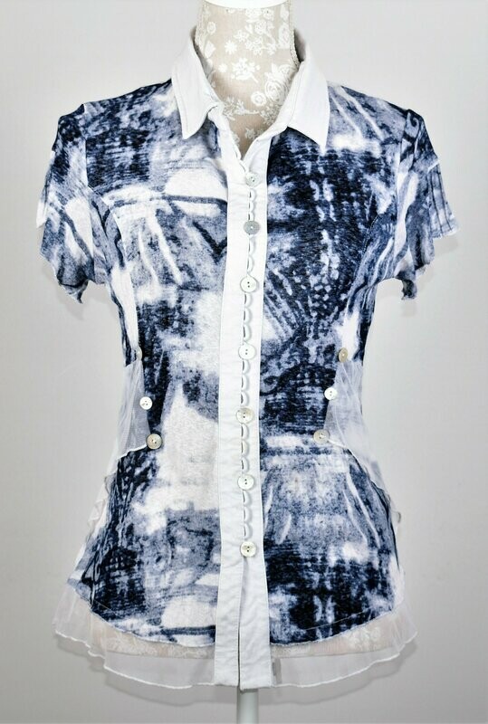 Blue Tie Dye Style Short Sleeved Shirt with Mesh Detail and Mother of Pearl Buttons by Dolce Vita