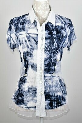 Blue Tie Dye Style Short Sleeved Shirt with Mesh Detail and Mother of Pearl Buttons by Dolce Vita