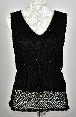 Black Crochet Beaded Sleeveless Top with Drawstring Waist by Clair DK