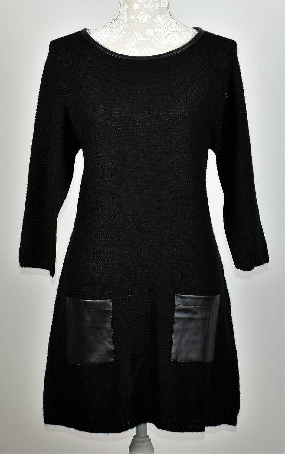 Black Knitted Shift Dress with Faux Leather Pockets & Trim by British Home Stores