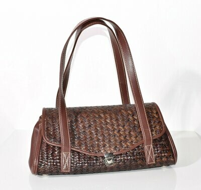 Woven Raffia & Faux Leather Brown Handbag by CHITRALADA