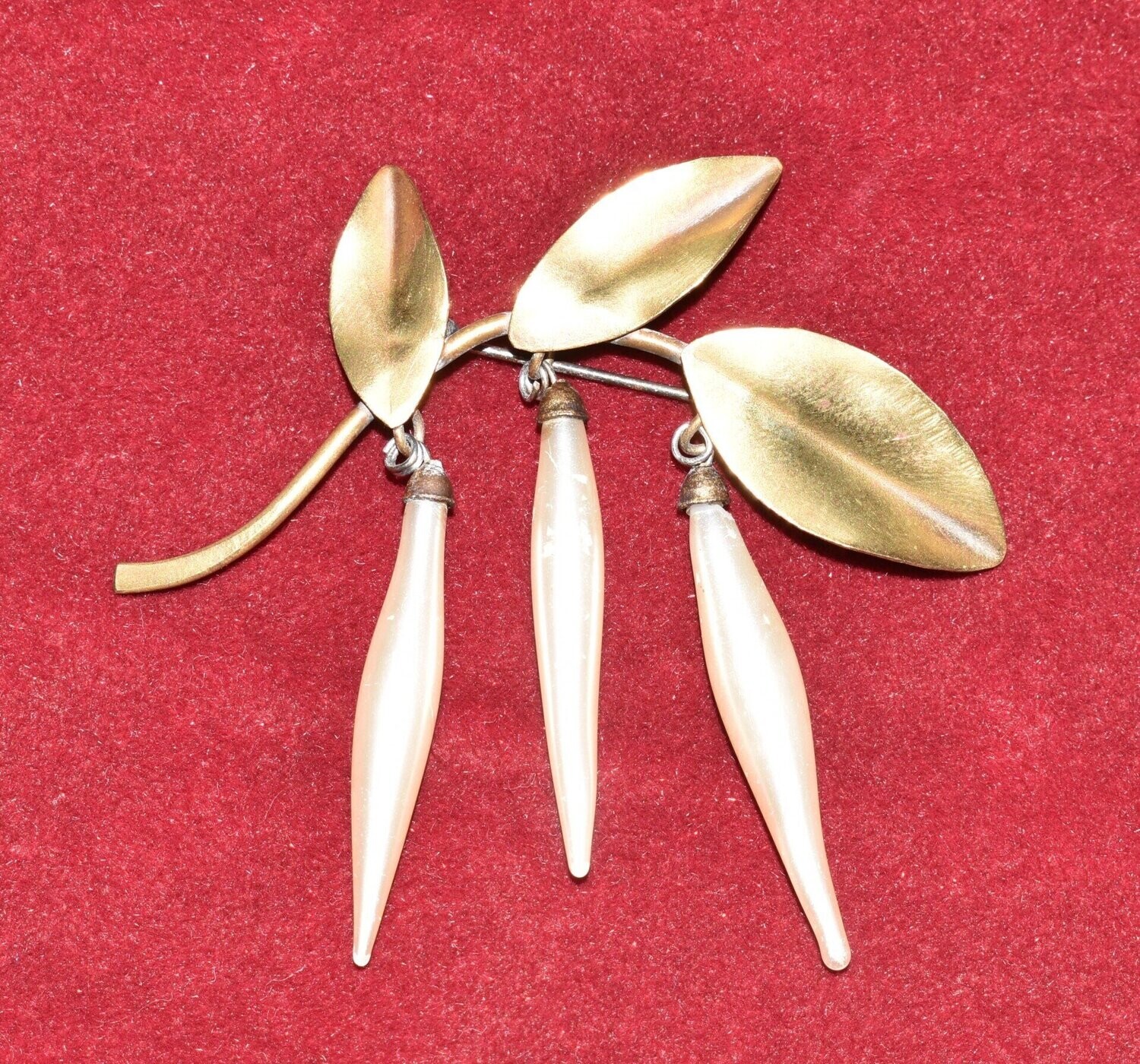 Vintage Faux Pearl Drop Leaves Brooch