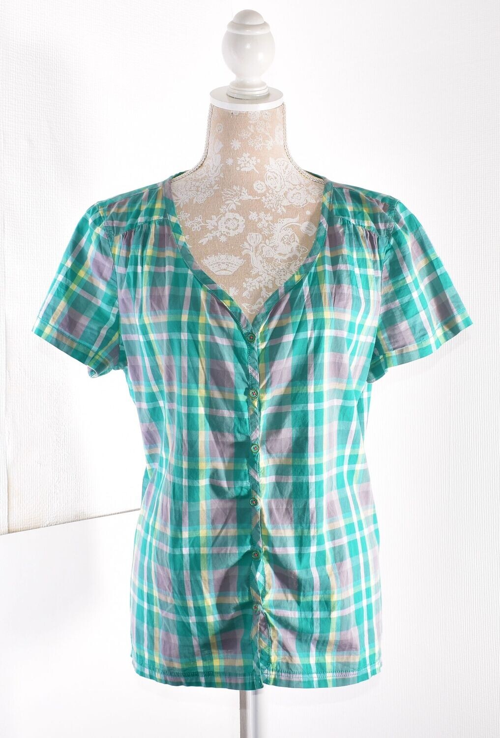 Green Checked V Neck Blouse/Shirt by  UP FASHION