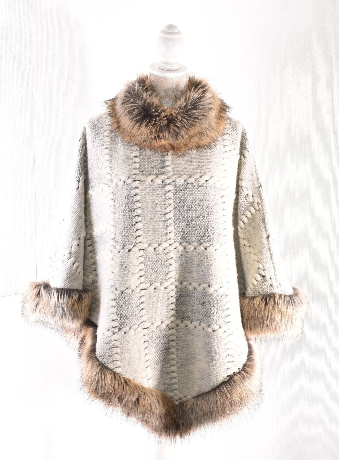 Lagen Style Lambs Wool Poncho with Faux Fur Trim