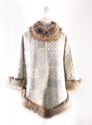Lagen Style Lambs Wool Poncho with Faux Fur Trim
