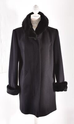 Three Quarter Black Wool Coat with Faux Fur Trim by AMARANTO