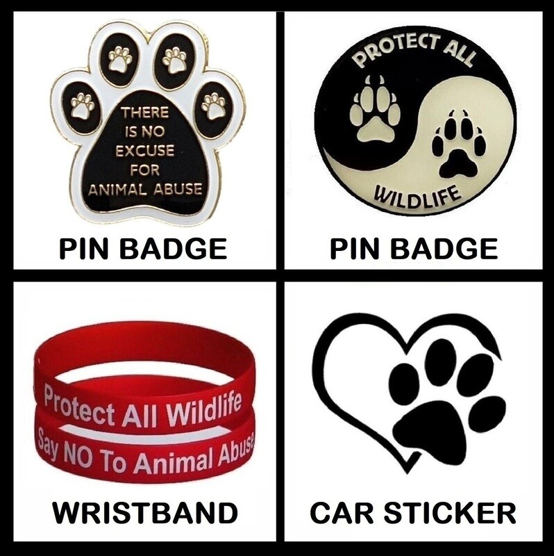 PROTECT ALL WILDLIFE CONSERVATION PACK (BADGES, CAR STICKER & WRISTBAND) PACK A