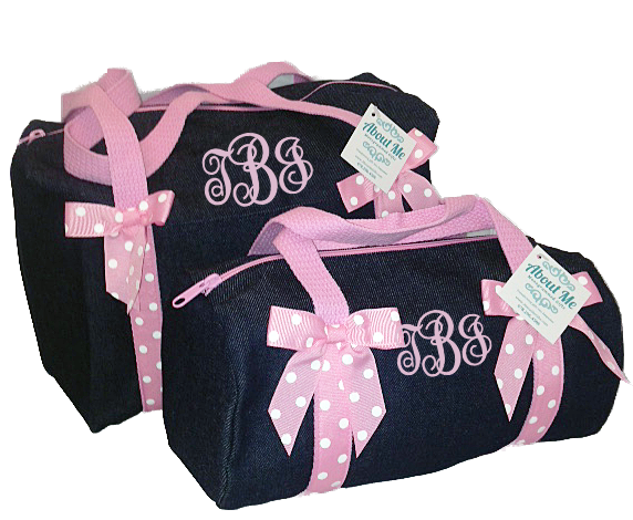 Monogrammed Small Denim Duffel with Light Pink Trim