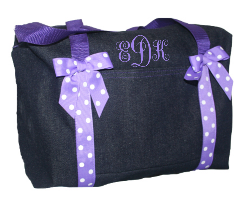 Monogrammed Small Denim Duffel with Purple Trim