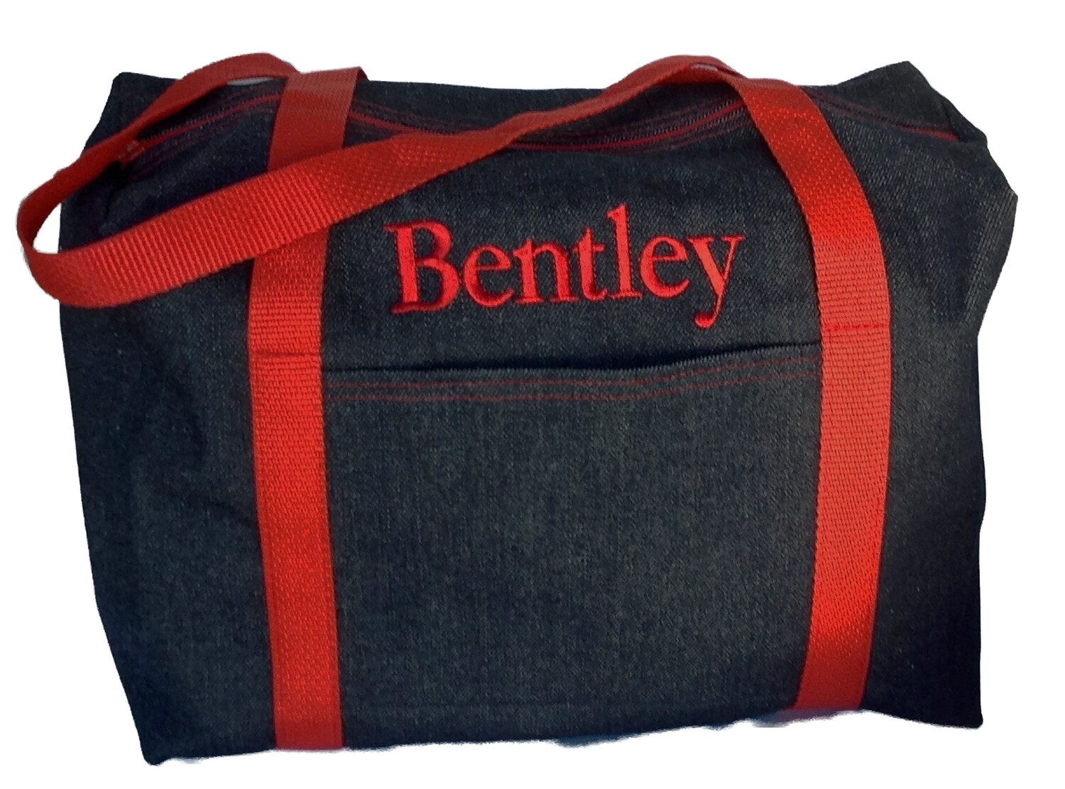 Monogrammed Small Denim Duffel with Solid Red Trim