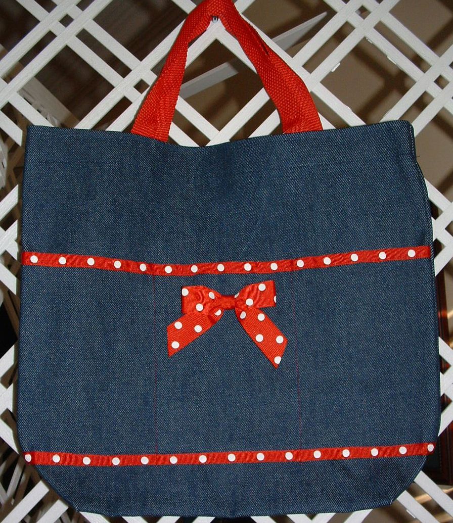 Monogrammed Denim Open Tote with Red Trim