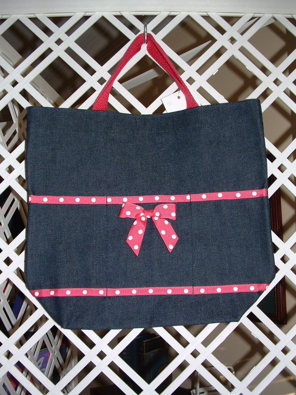 Monogrammed Denim Open Tote with Hot Pink Trim