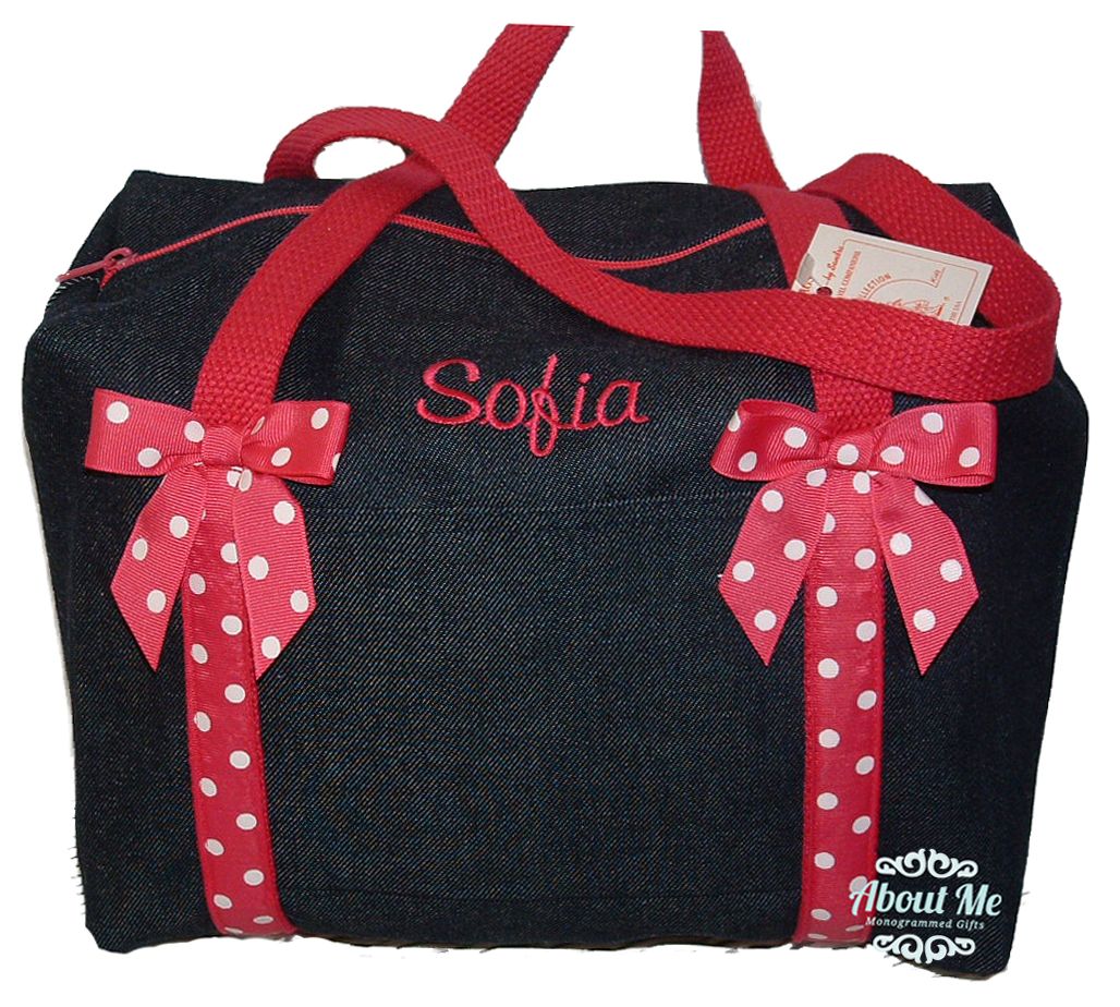 Monogrammed Small Denim Duffel with Hot Pink Trim