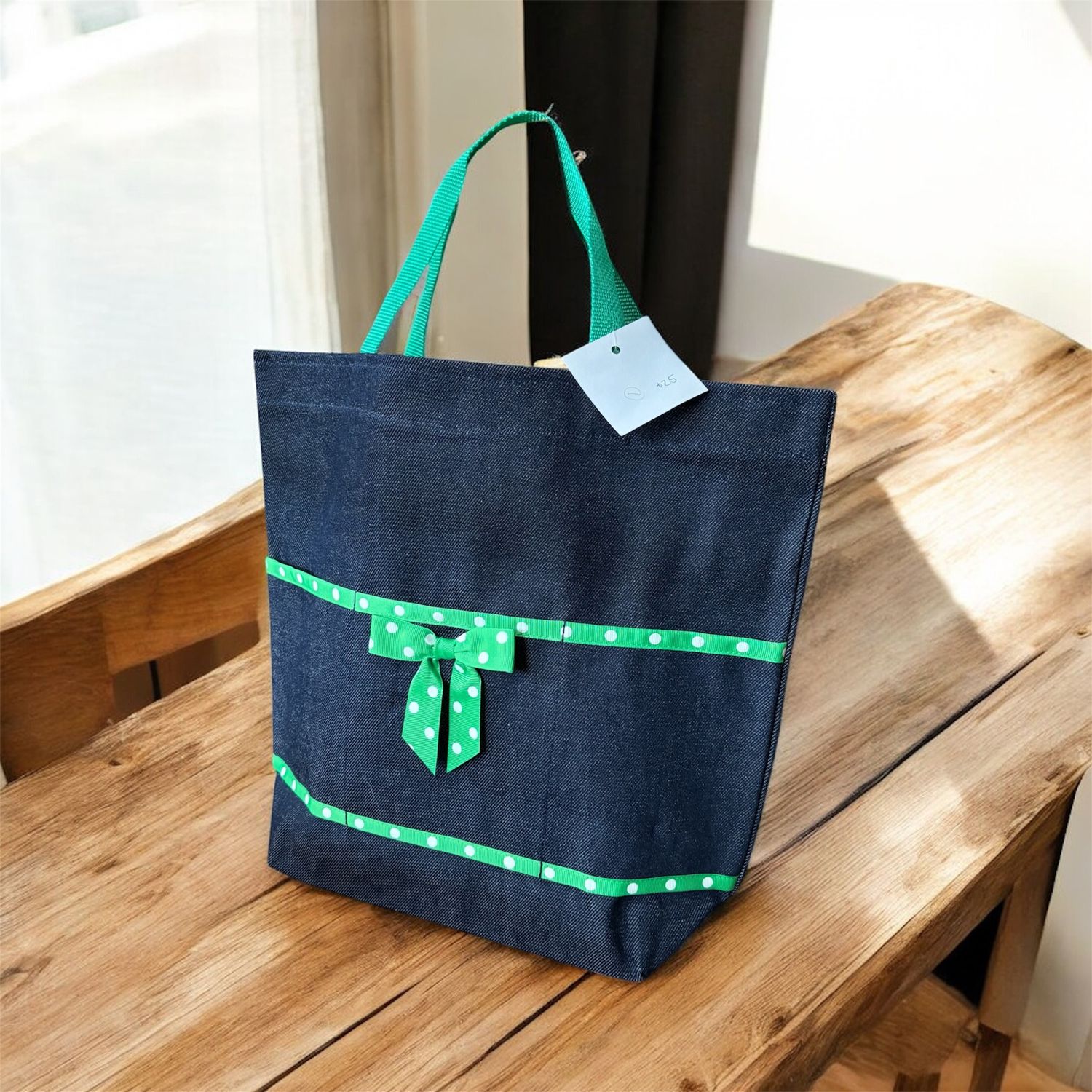 Monogrammed Denim Open Tote with Green Trim