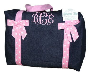 Monogrammed Small Denim Duffel with Light Pink Trim