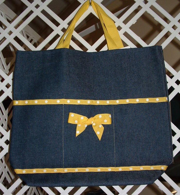 Monogrammed Denim Open Tote with Yellow Trim