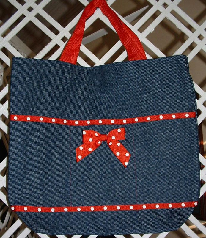 Monogrammed Denim Open Tote with Red Trim